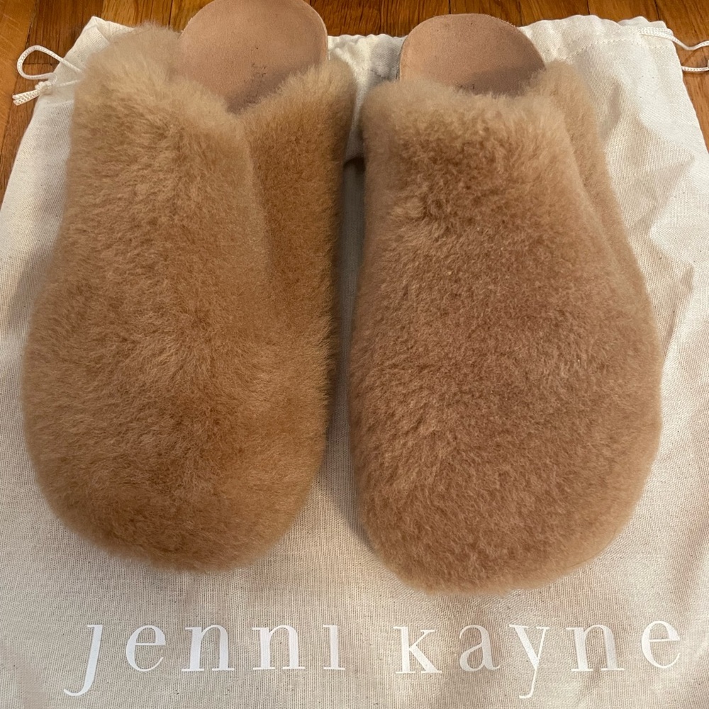 Jenni Kayne tan furry mules